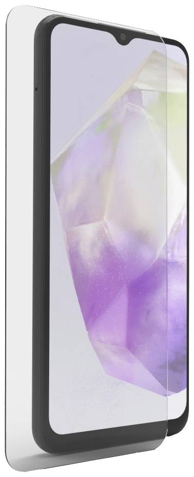 Un smartphone avec un protecteur d'écran transparent, affichant un fond d'écran abstrait coloré.