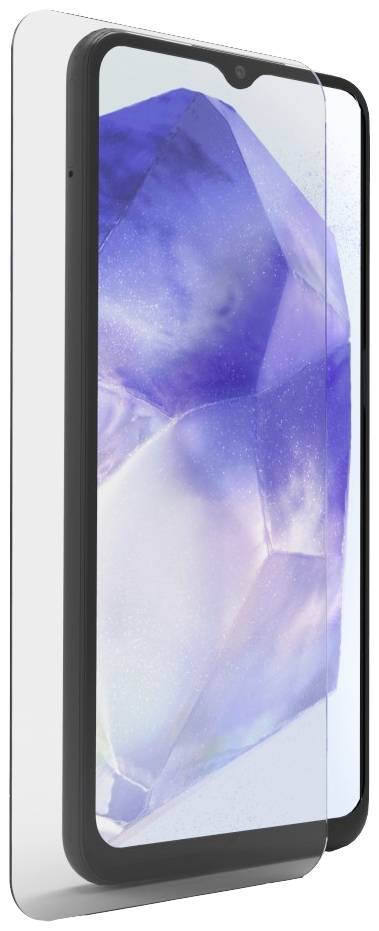 Smartphone avec protecteur d'écran en verre trempé, affichant une forme abstraite bleue et violette sur l'écran.