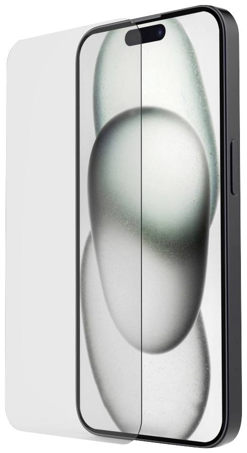 Smartphone avec protection d'écran, représenté en lévitation. L'arrière-plan présente un design abstrait gris et blanc.