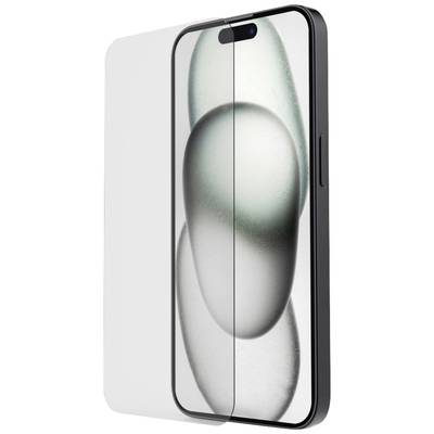 Smartphone avec protection d'écran, représenté en lévitation. L'arrière-plan présente un design abstrait gris et blanc.