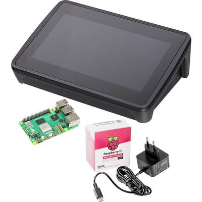 Ensemble comprenant un Raspberry Pi, un écran tactile dans un boîtier noir, un bloc d'alimentation et une boîte d'emballage.