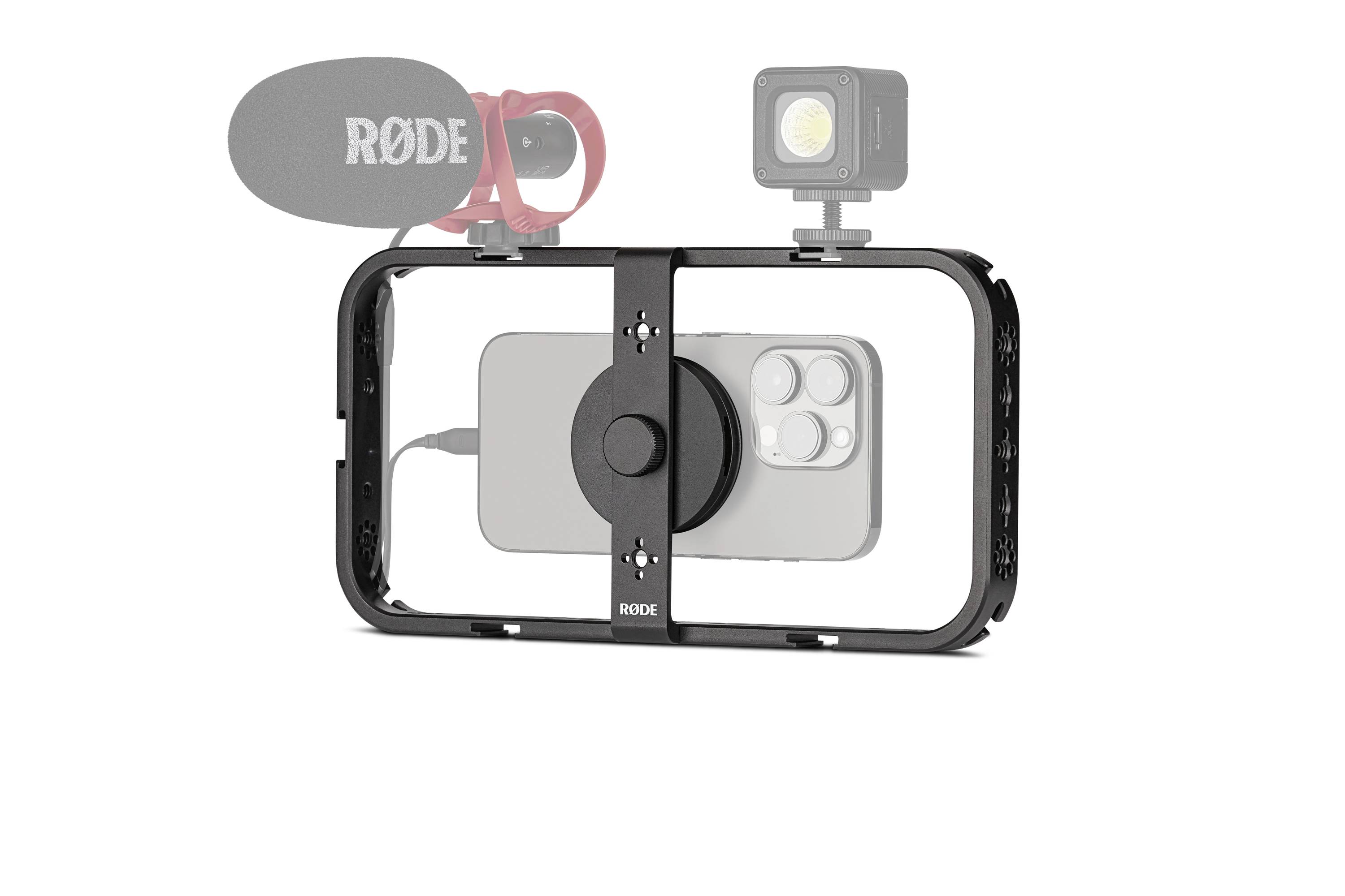 Rig pour smartphones avec microphone Rode et éclairage LED ; idéal pour productions vidéo mobiles et vlogging.
