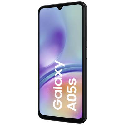 Smartphone noir avec l'inscription 'Galaxy A05s' à l'écran. L'arrière-plan présente des boules floues et colorées.