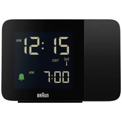 Horloge électronique à boîtier noir, affichant 12:15 AM. L'alarme est réglée à 7:00 AM.