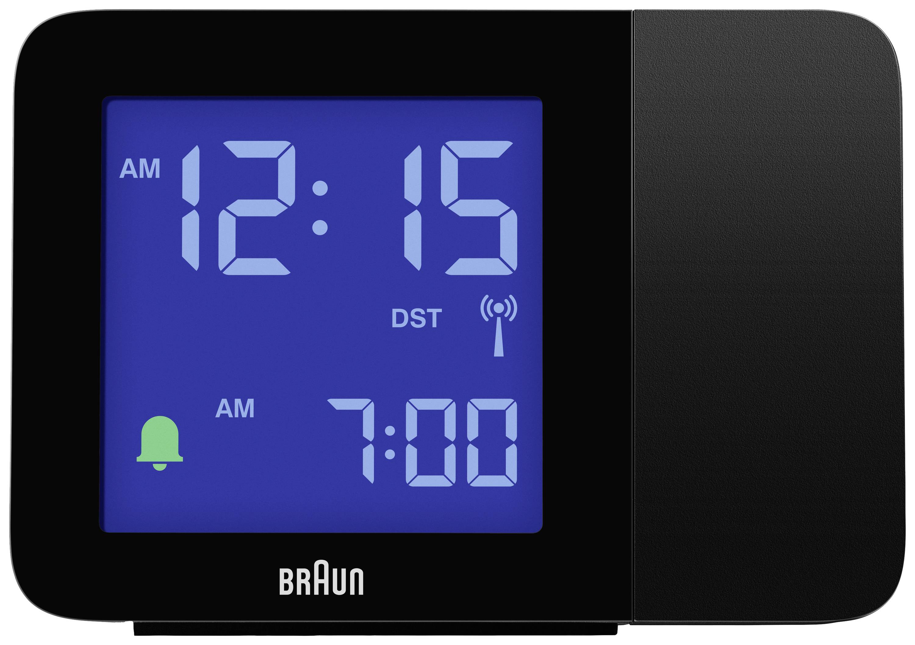 Réveil avec affichage bleu lumineux indiquant '12:15 AM'. Heure de réveil réglée sur '7:00 AM'. Indication de l'heure d'été et alarme activées.
