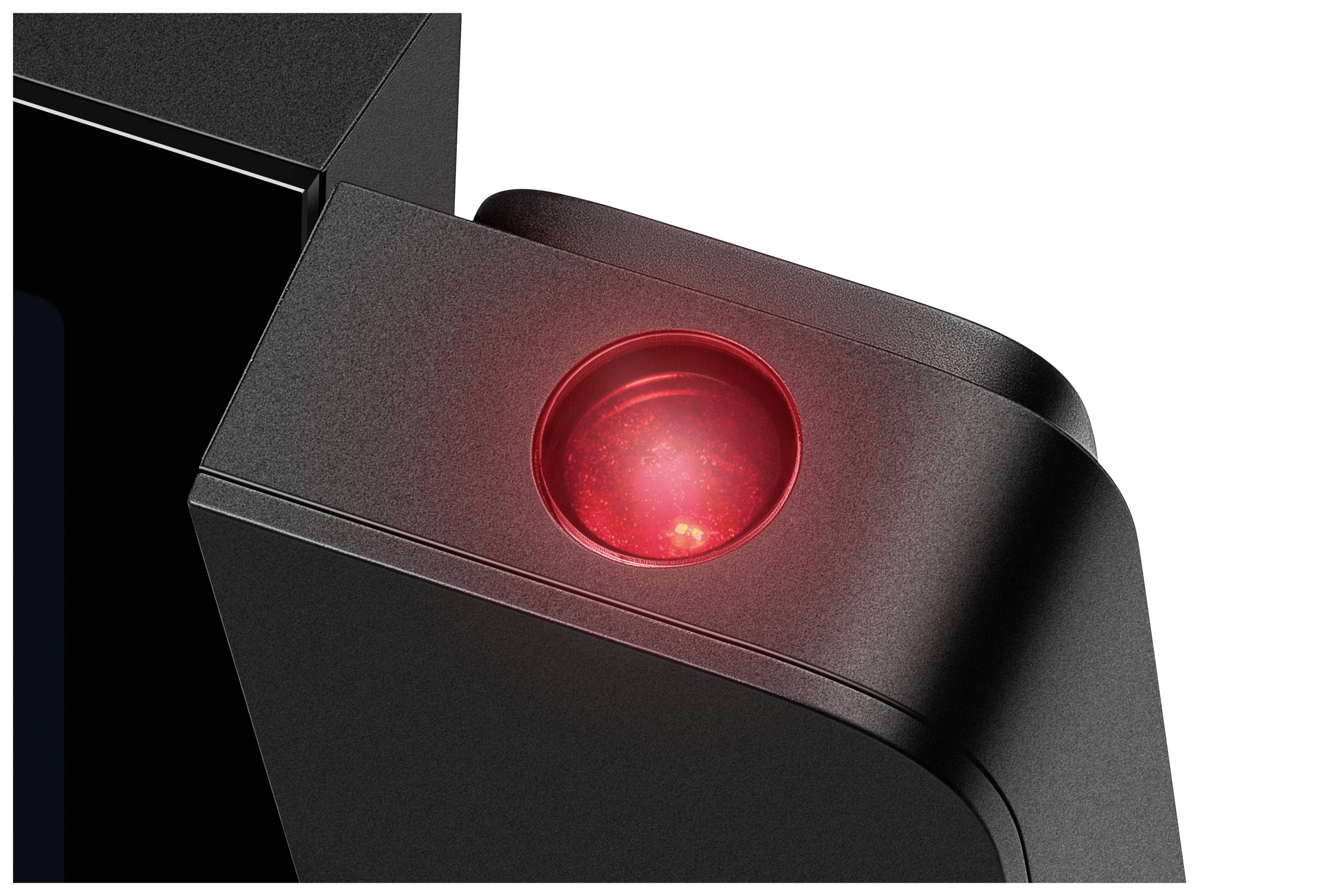 Appareil noir avec un bouton rouge lumineux sur le dessus. Ce bouton pourrait être un voyant lumineux ou un interrupteur.