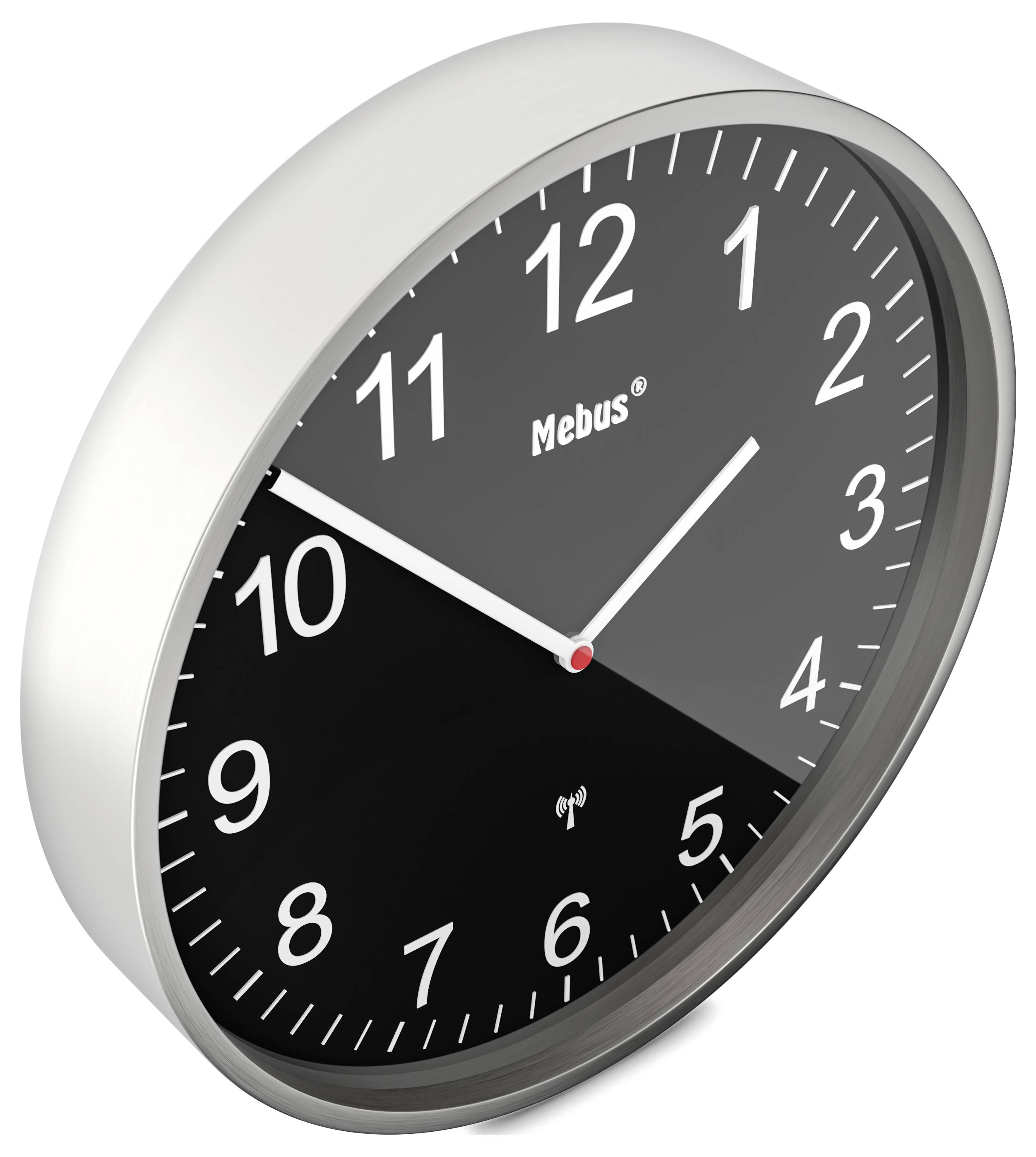 Une horloge murale ronde en noir et blanc affichant 10h10 avec le nom de marque « Mebus » sur son cadran.