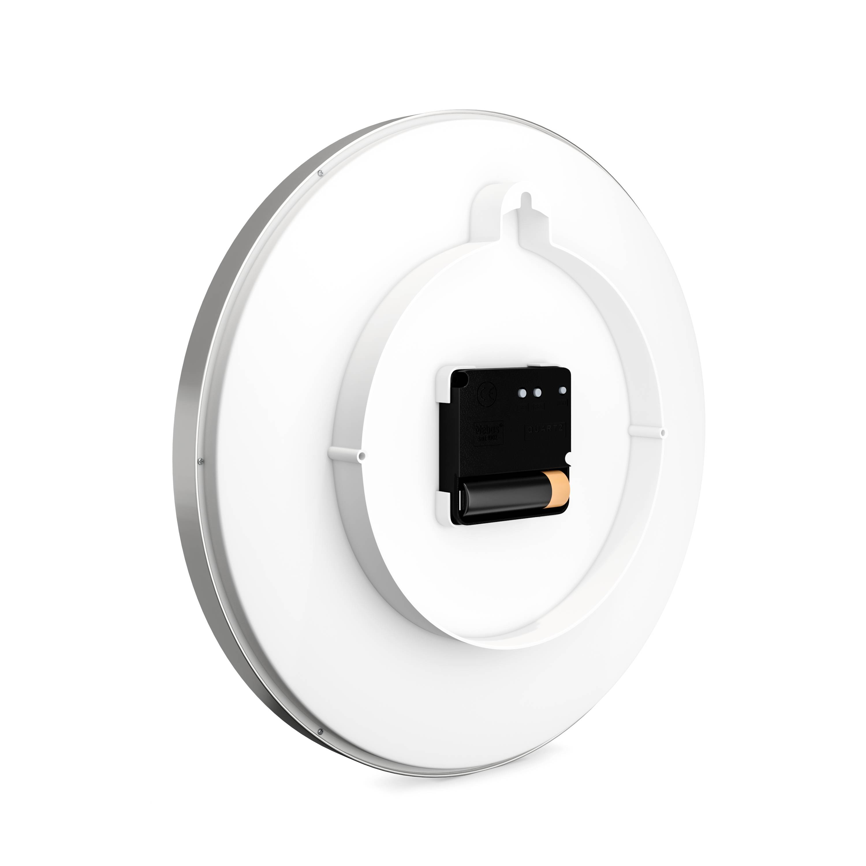 Un éclairage LED rond blanc avec un dos amovible, un compartiment pour batterie et un capteur. Adapté pour une installation murale ou au plafond.