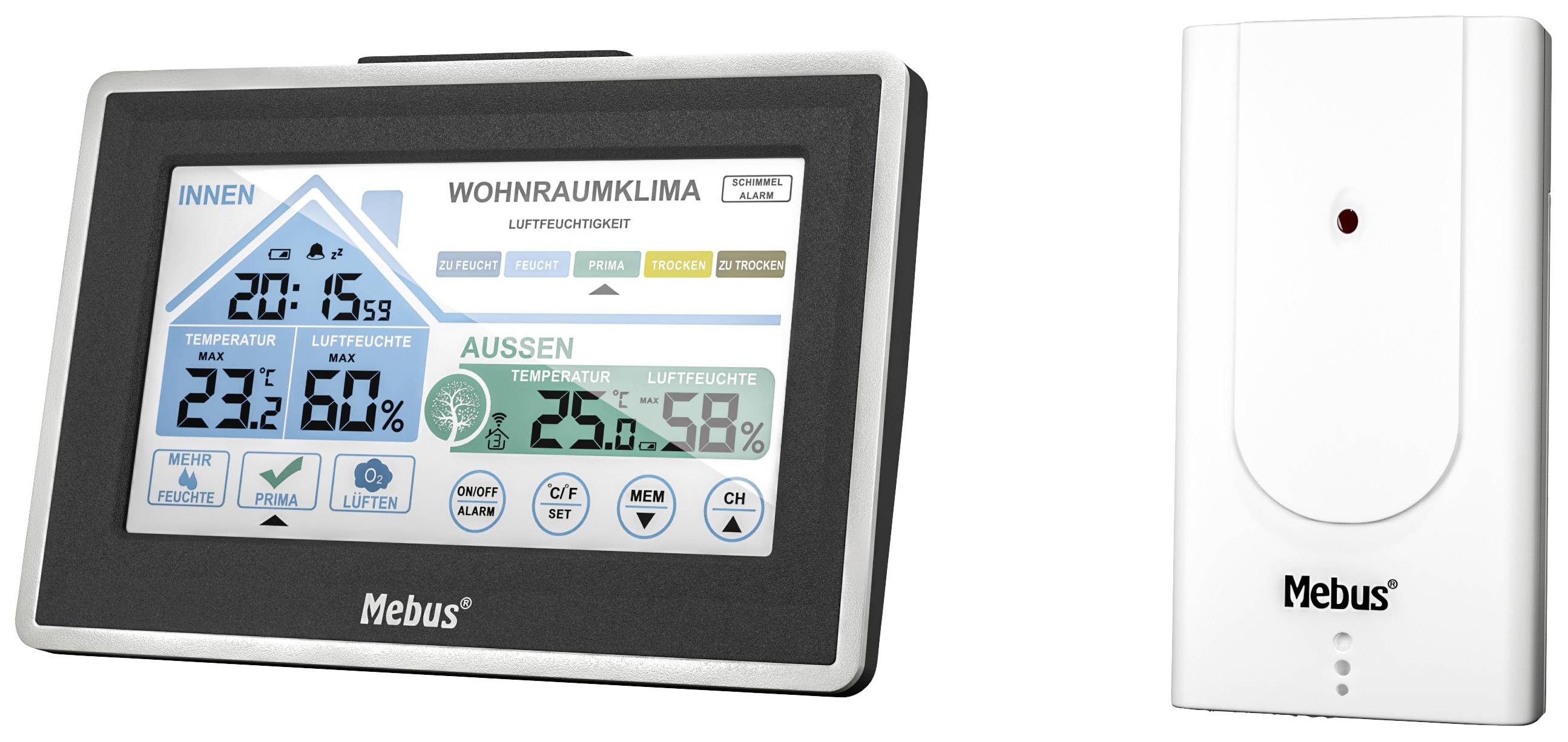 Thermomètre numérique de climat ambiant affichant la température intérieure et extérieure ainsi que l'humidité de l'air. Comprend un capteur pour la transmission de données.