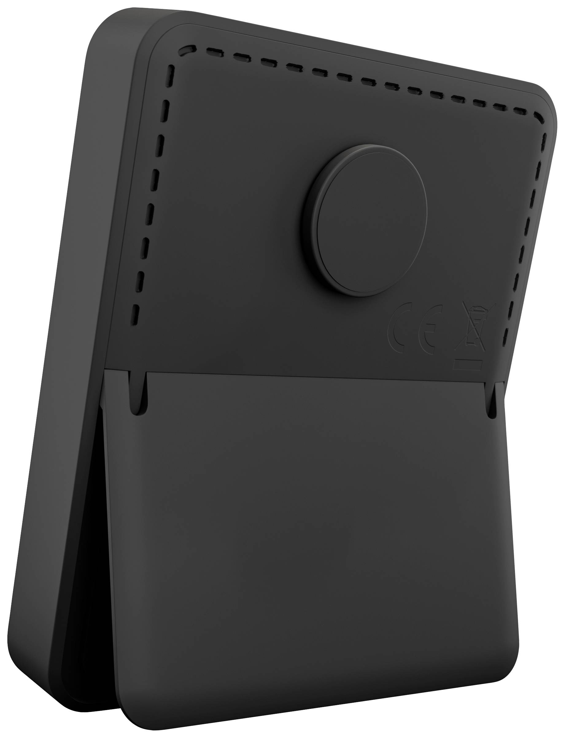 Un appareil portable noir avec un bouton rond à l'arrière et un support rabattable pour assurer son orientation verticale.