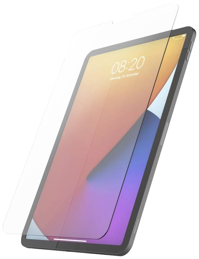 Tablette avec un écran bord à bord recouvert d'un film protecteur transparent. L'écran affiche l'heure 08:20.