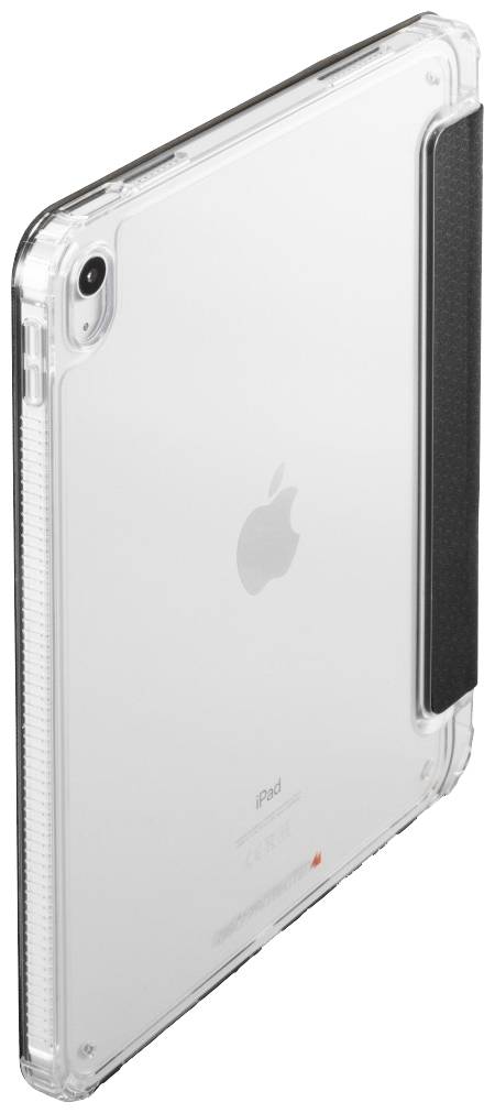 Étui de protection transparent pour iPad, légèrement vu de l'arrière sous un angle, montrant le logo Apple et un bord noir sur le côté droit.
