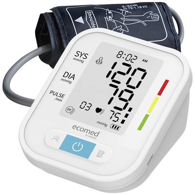 Tensiomètre électronique avec affichage des valeurs de tension artérielle SYS 120 mmHg, DIA 75 mmHg et pouls 75 bpm, ainsi qu'une échelle colorée.
