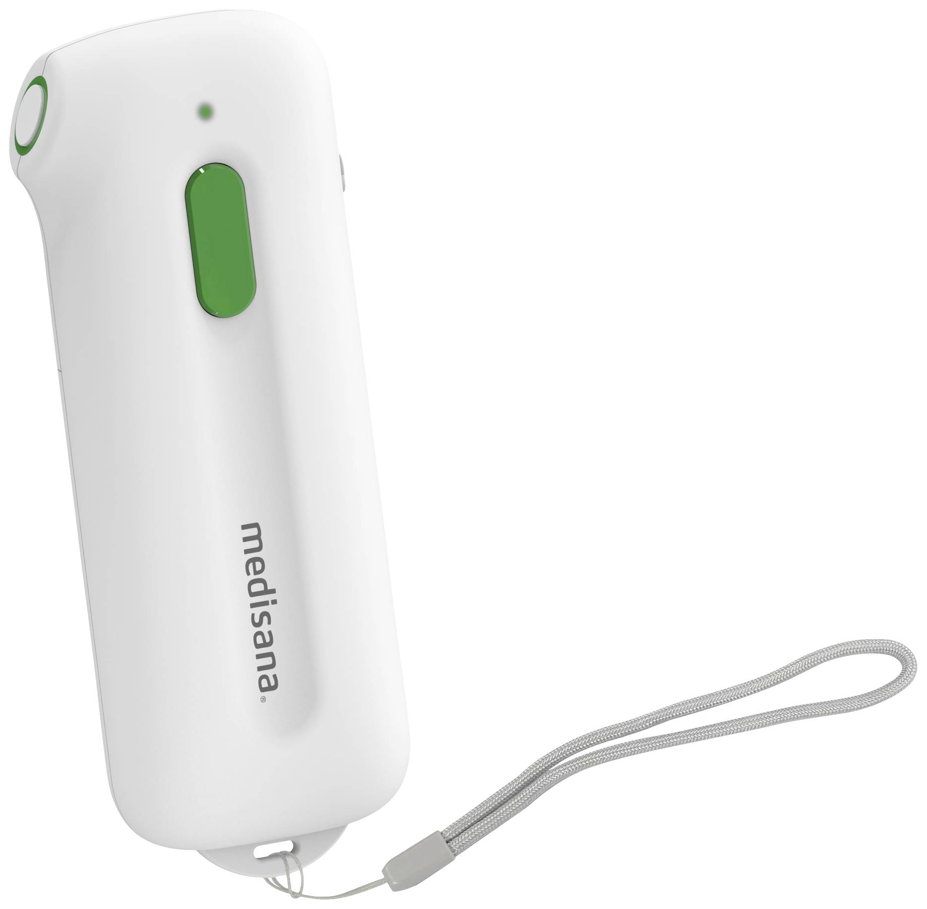 Un appareil blanc portable avec un bouton vert et une dragonne. Il porte l'inscription 'medisana' et est destiné au traitement des piqûres d'insectes.