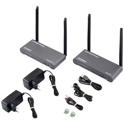 Deux appareils sans fil HDMI noirs avec antennes, chacun accompagné d'un bloc d'alimentation et d'accessoires de câblage, présentés sur un fond blanc.