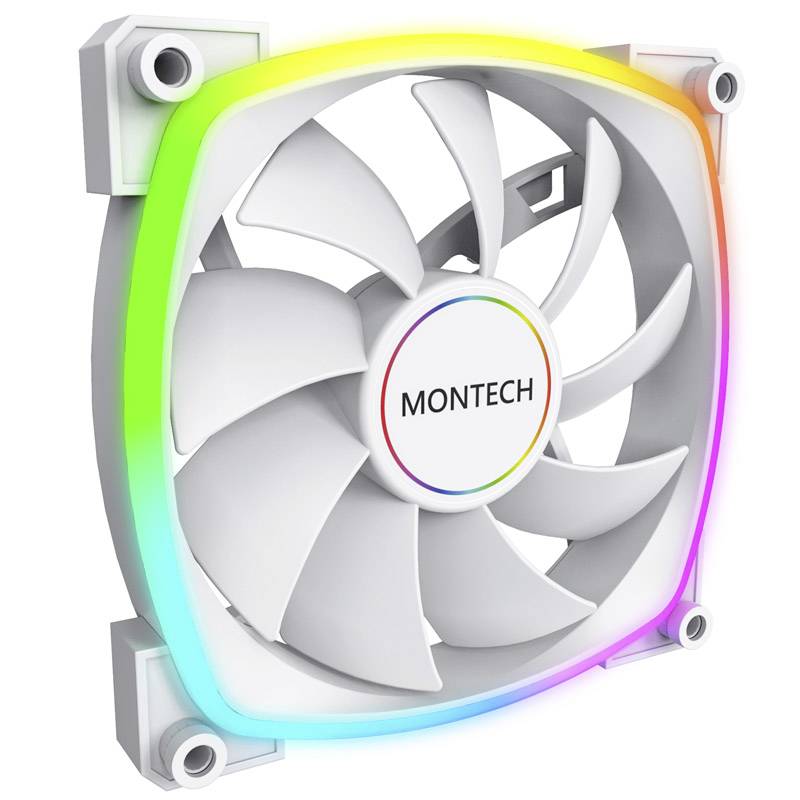Un ventilateur d'ordinateur blanc de Montech avec un cadre éclairé par LED aux couleurs arc-en-ciel.