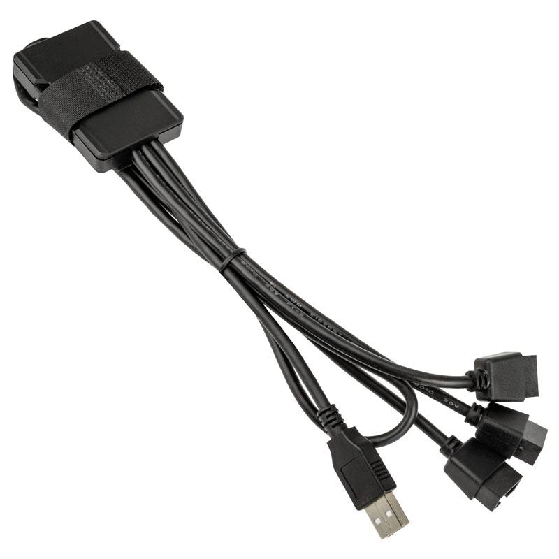 Un câble USB noir avec plusieurs connecteurs pour différents appareils, attaché avec une sangle auto-agrippante.