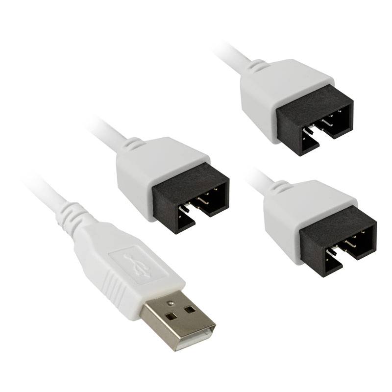 Trois câbles USB blancs, chacun doté d'un connecteur USB et de fiches noires à double usage, destinés à la connexion d'appareils.