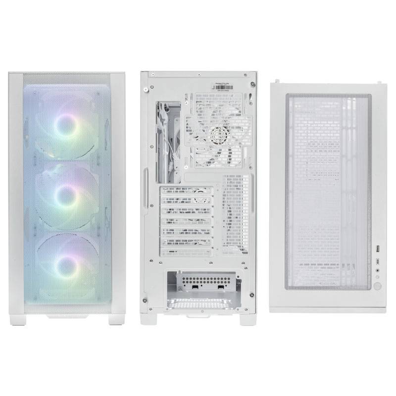 Un boîtier d'ordinateur blanc avec des panneaux transparents, montrant trois ventilateurs colorés et rétroéclairés à l'avant. La vue arrière révèle les ports et la ventilation.