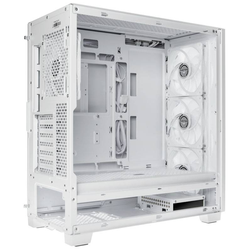Un boîtier PC ouvert et blanc avec plusieurs ventilateurs. Il montre des emplacements pour les composants informatiques tels que la carte mère et les lecteurs.