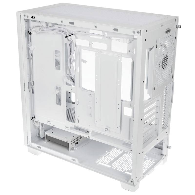 Un boîtier d'ordinateur blanc ouvert avec des compartiments visibles pour les composants matériels. Idéal pour les projets de construction de PC.