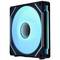Ventilateur d'ordinateur noir et bleu avec éclairage LED lumineux et effet lumineux latéral, monté dans un cadre carré.