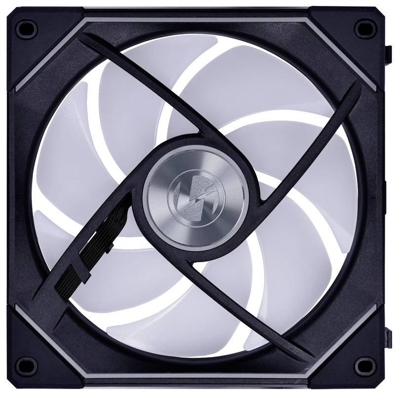 Ventilateur d'ordinateur au cadre noir et cinq pales blanches, de forme carrée, adapté pour le refroidissement de boîtier.