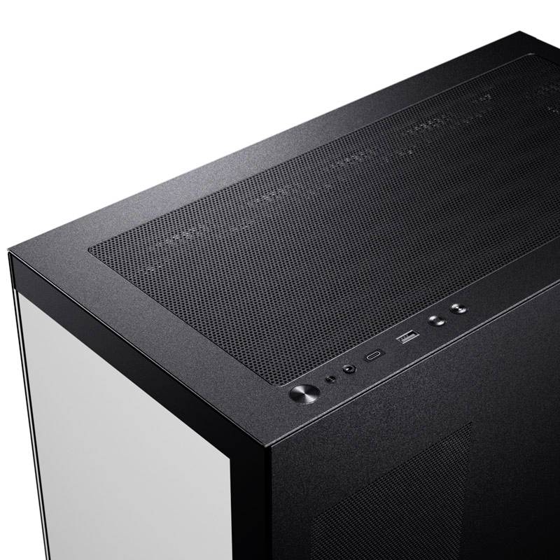 Un boîtier d'ordinateur tour moderne, noir, avec des fentes de ventilation sur le dessus et des ports USB et audio sur la façade avant.