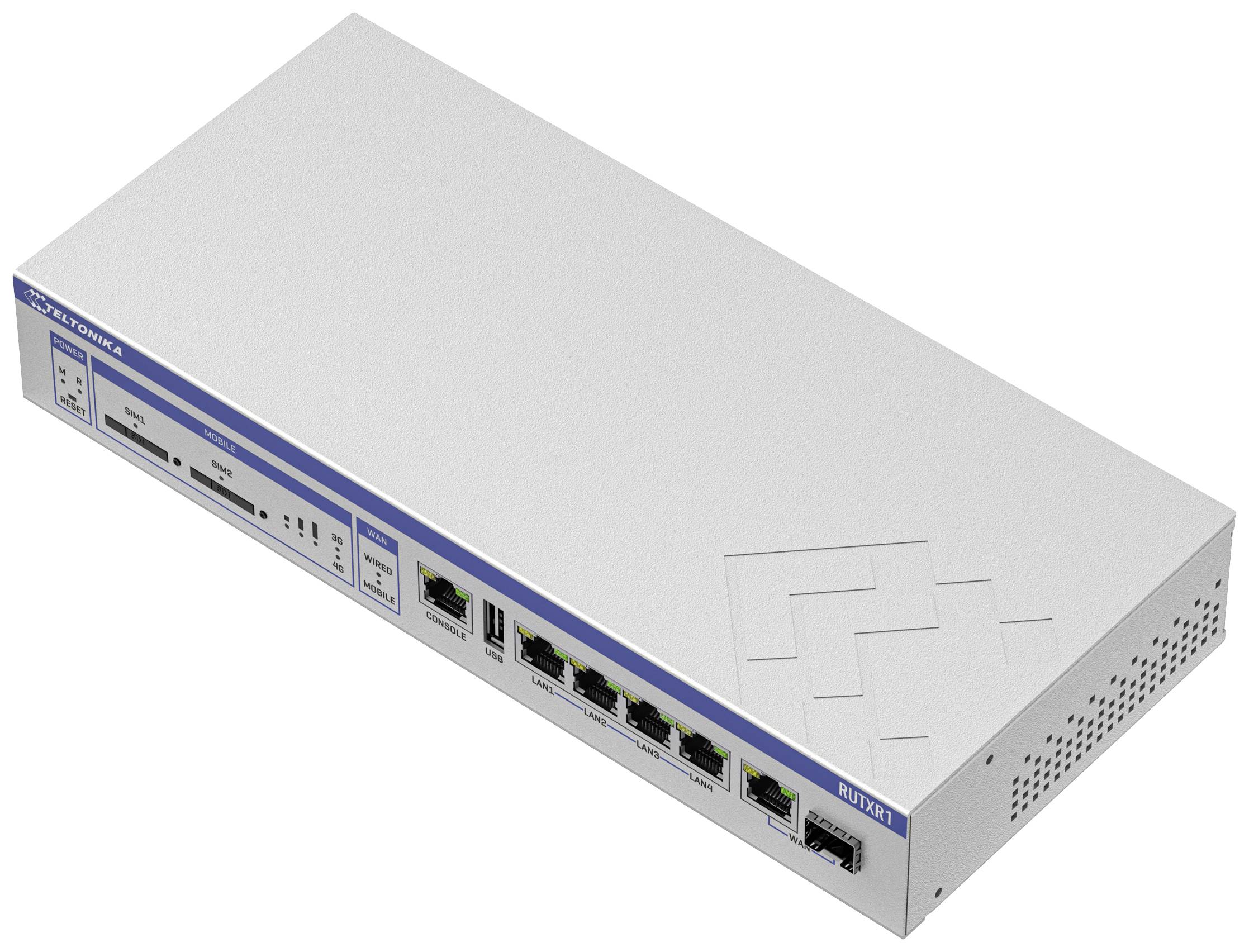 Un routeur blanc avec plusieurs ports Ethernet à l'avant, probablement destiné aux connexions réseau dans un bureau ou un réseau domestique.