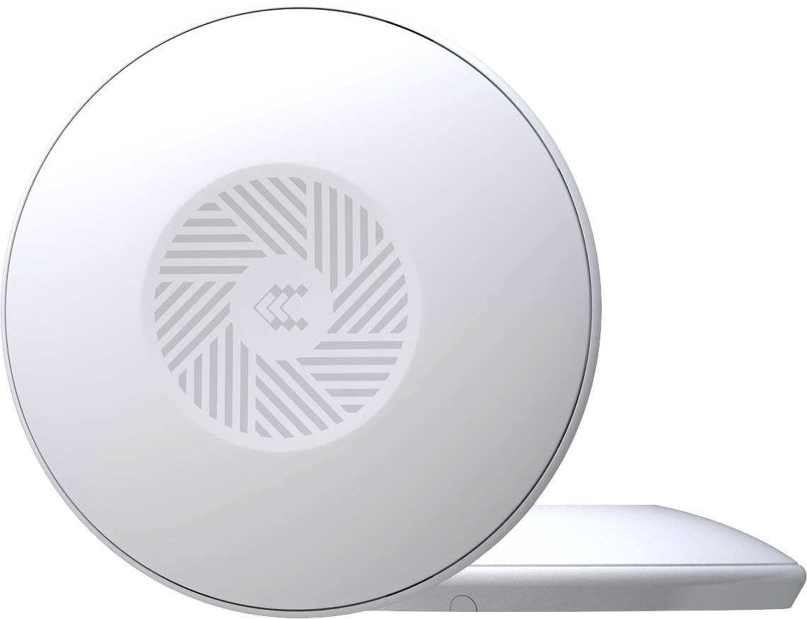 Un routeur Wi-Fi blanc, rond, avec un logo central. Il est posé sur une base plate et rectangulaire.