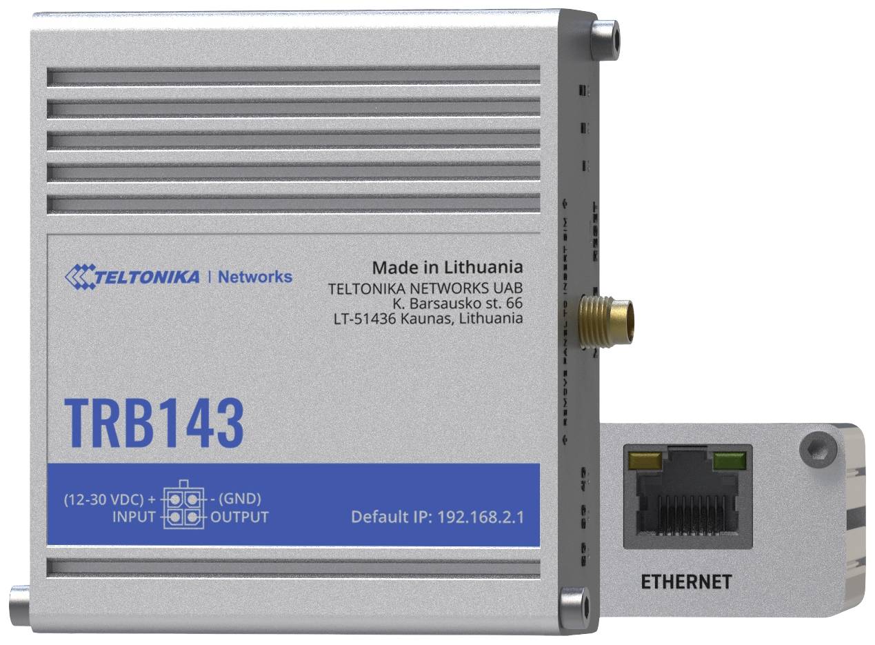 Un appareil réseau argenté de Teltonika, modèle TRB143, avec des ports d'alimentation et Ethernet, fabriqué en Lituanie.