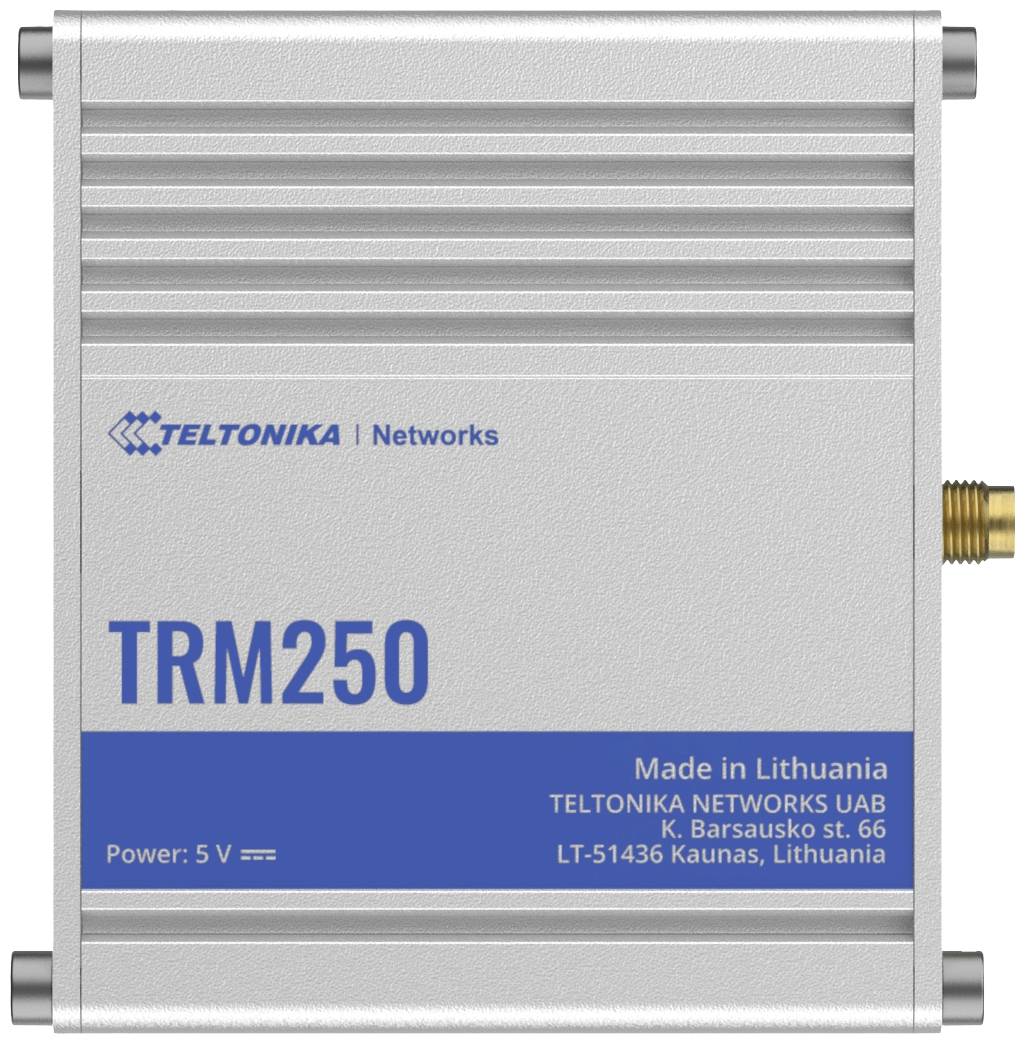 Appareil électronique argenté portant l'inscription 'TRM250', fabriqué en Lituanie. Ports de connexion visibles sur le côté.
