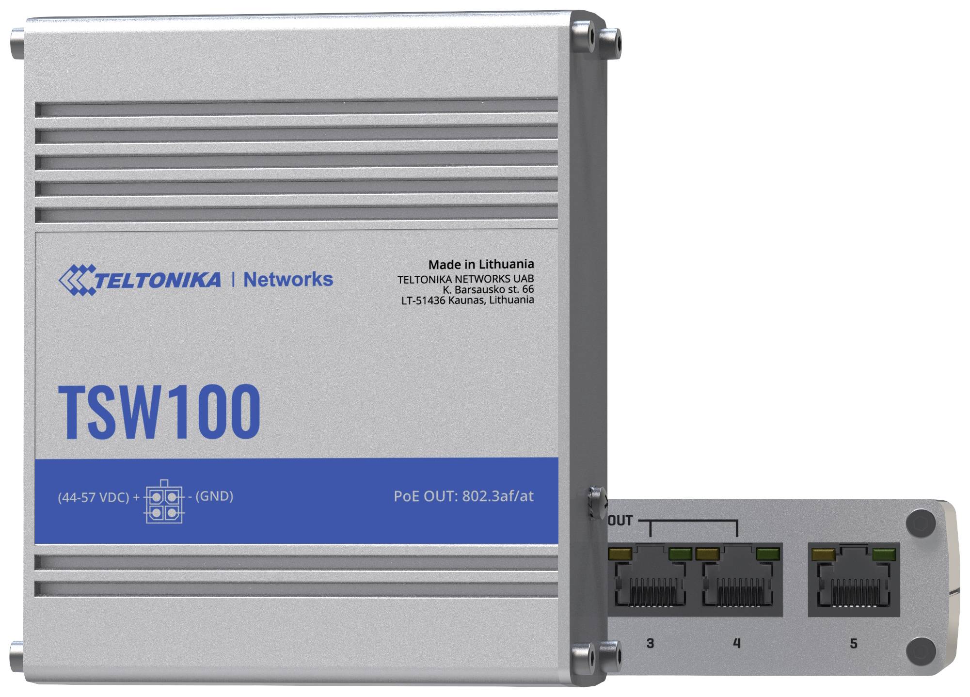Un commutateur réseau nommé 'TELTONIKA TSW100', affiche quatre ports Ethernet et est alimenté par PoE.
