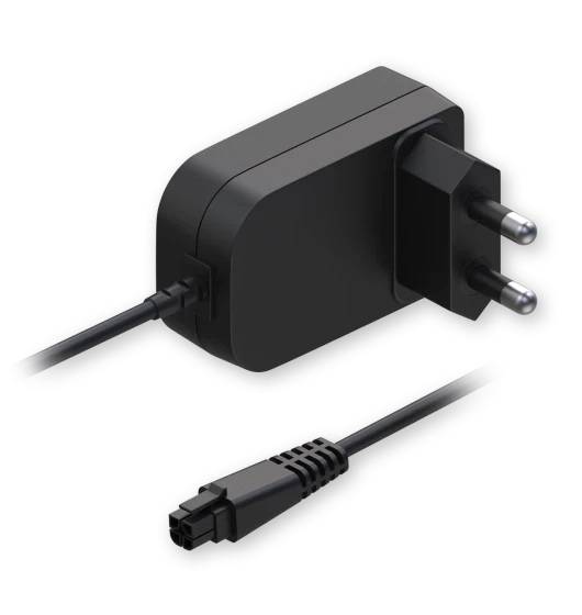 Bloc d'alimentation noir avec fiche européenne et câble amovible. Adapté aux appareils électroniques, compatible avec les prises électriques européennes.