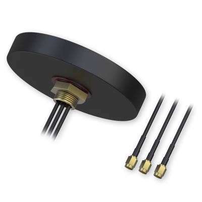 Antenne ronde noire pour voiture avec trois câbles et connecteurs dorés. Adaptée pour GPS et autres applications de signaux.