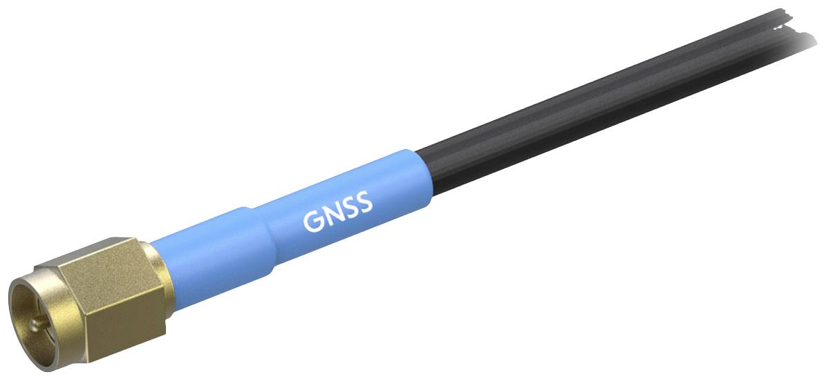 Adaptateur GNSS bleu avec connexion à vis dorée et trois câbles noirs fins.