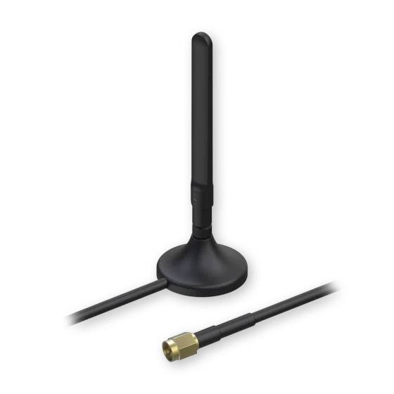 Antenne noire à tige avec base ronde et câble amovible. Adaptée pour la réception de signaux sans fil, tels que le Wi-Fi ou le Bluetooth.