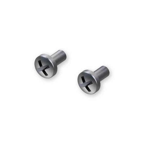 Deux vis cruciformes en argent sur un fond blanc.