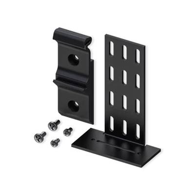 Groupe de fixation noir avec équerre de support perforée, support et quatre vis pour la fixation d'objets sur des murs.