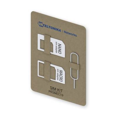 Ensemble de cartes SIM de Teltonika avec adaptateurs Nano et Micro-SIM et outil d'éjection, adapté à différentes tailles d'appareils.