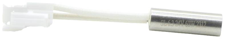 Composant électrique cylindrique argenté avec deux câbles blancs et un connecteur blanc.