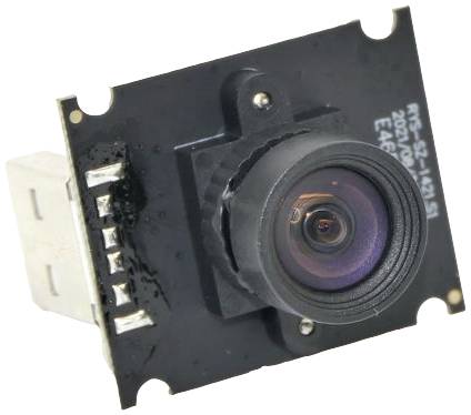 Petite caméra rectangulaire avec port USB et objectif au centre. Adaptée pour une utilisation dans des projets techniques ou électroniques.