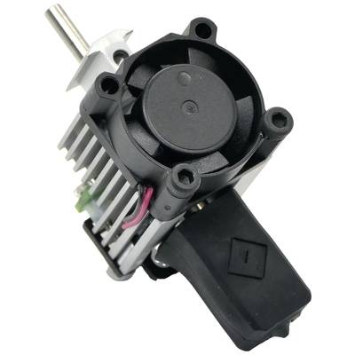 Un petit ventilateur avec des ailettes de refroidissement et une connexion de câble, probablement une partie d'un système de refroidissement ou de ventilation.