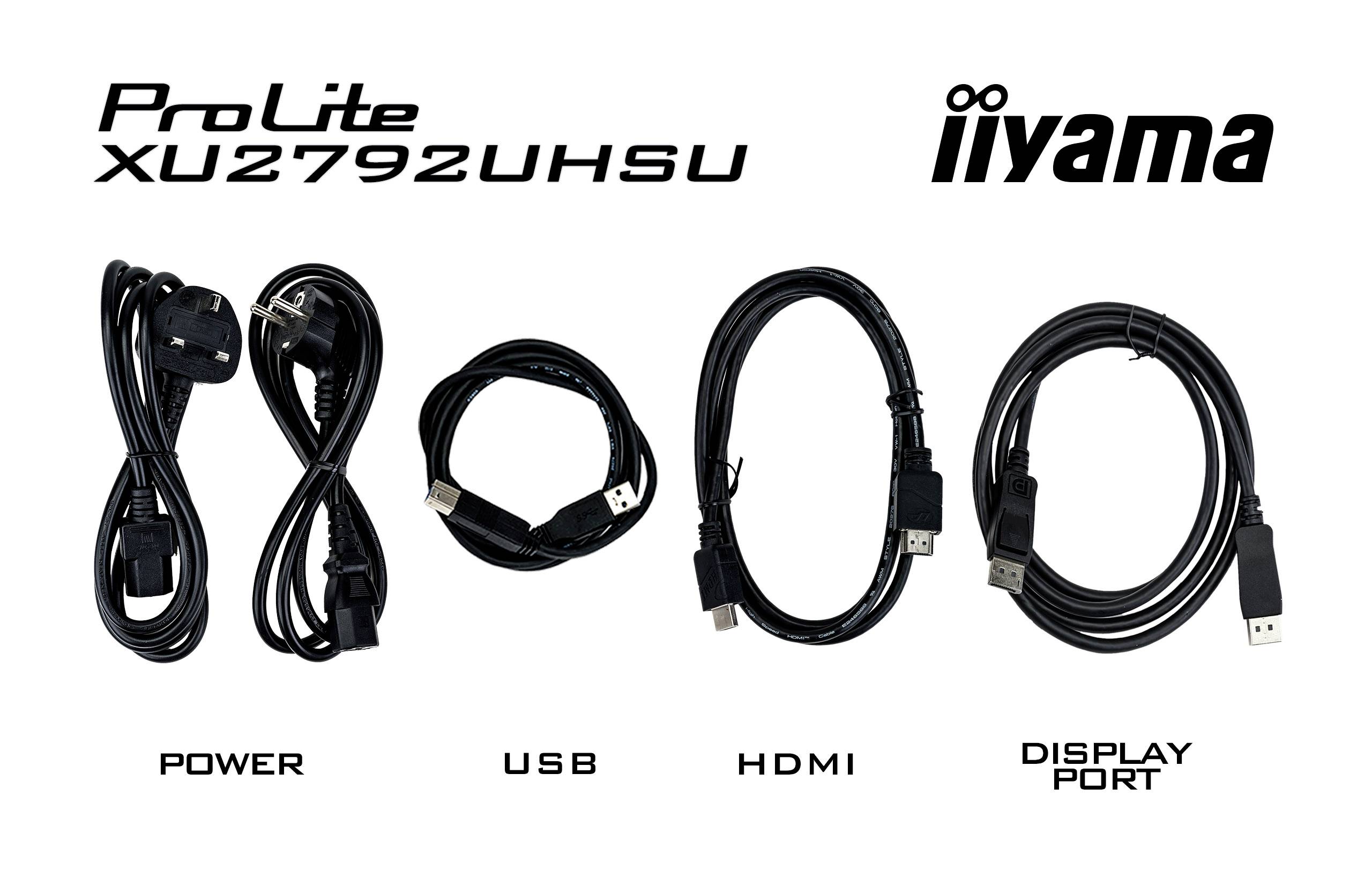 'ProLite XU2792UHSU iiyama' Câbles : Alimentation, USB, HDMI, DisplayPort.