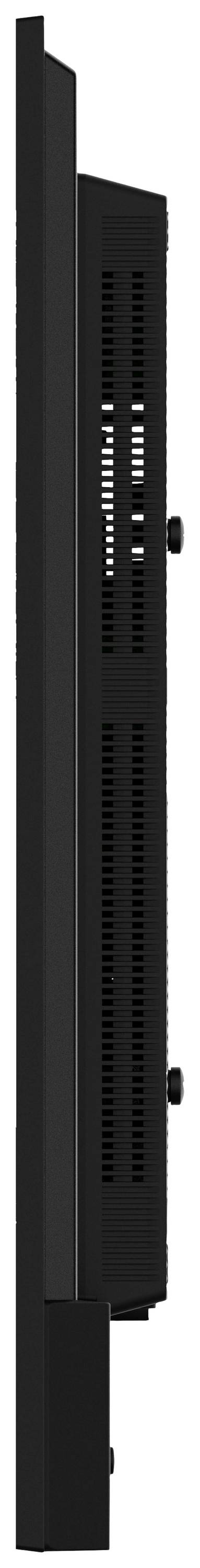 Vue latérale d'un moniteur noir élancé avec des fentes de ventilation.