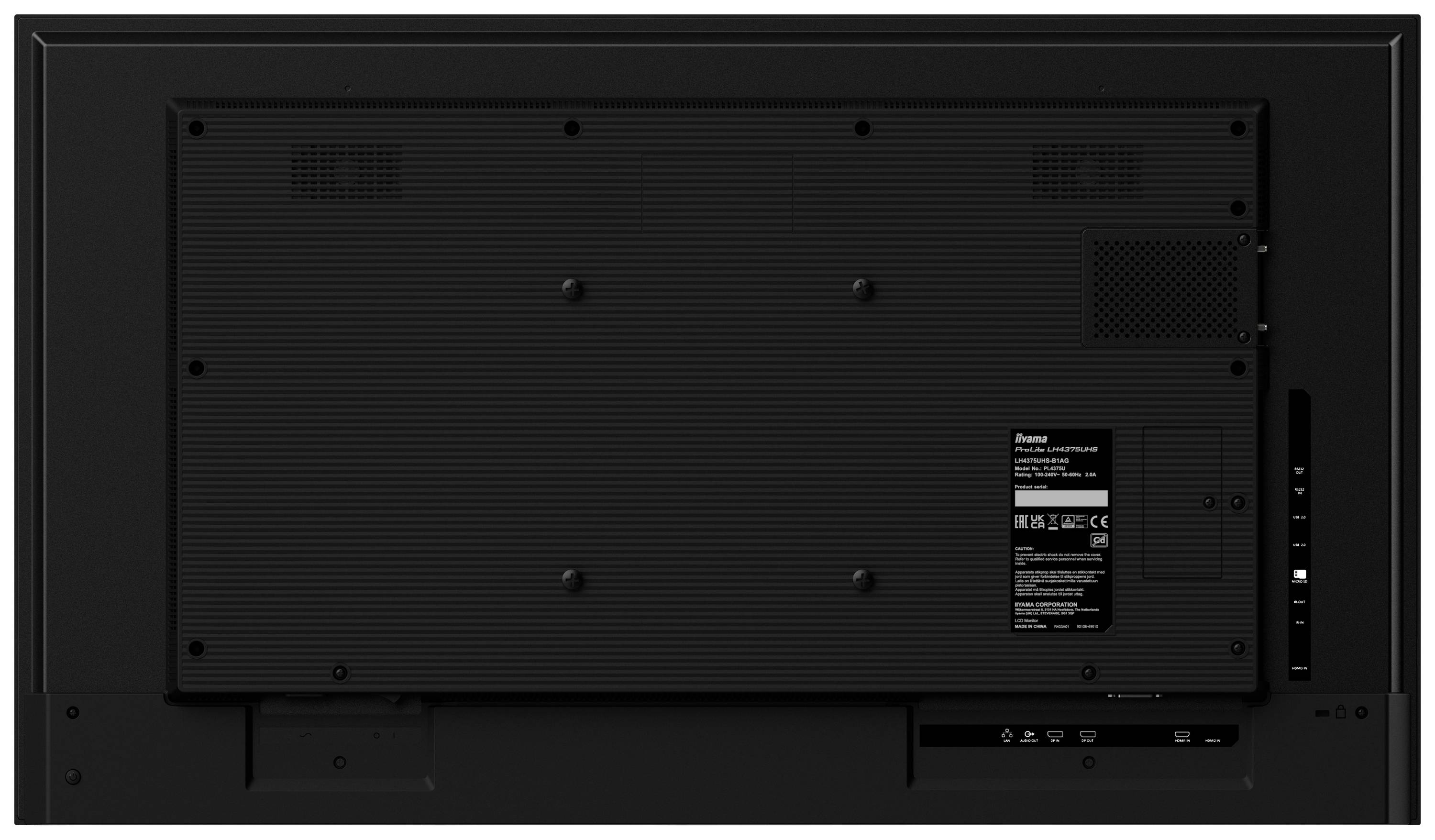 Vue arrière d'un téléviseur avec des connecteurs et des ouvertures de ventilation visibles, aucune marque ou modèle apparent.