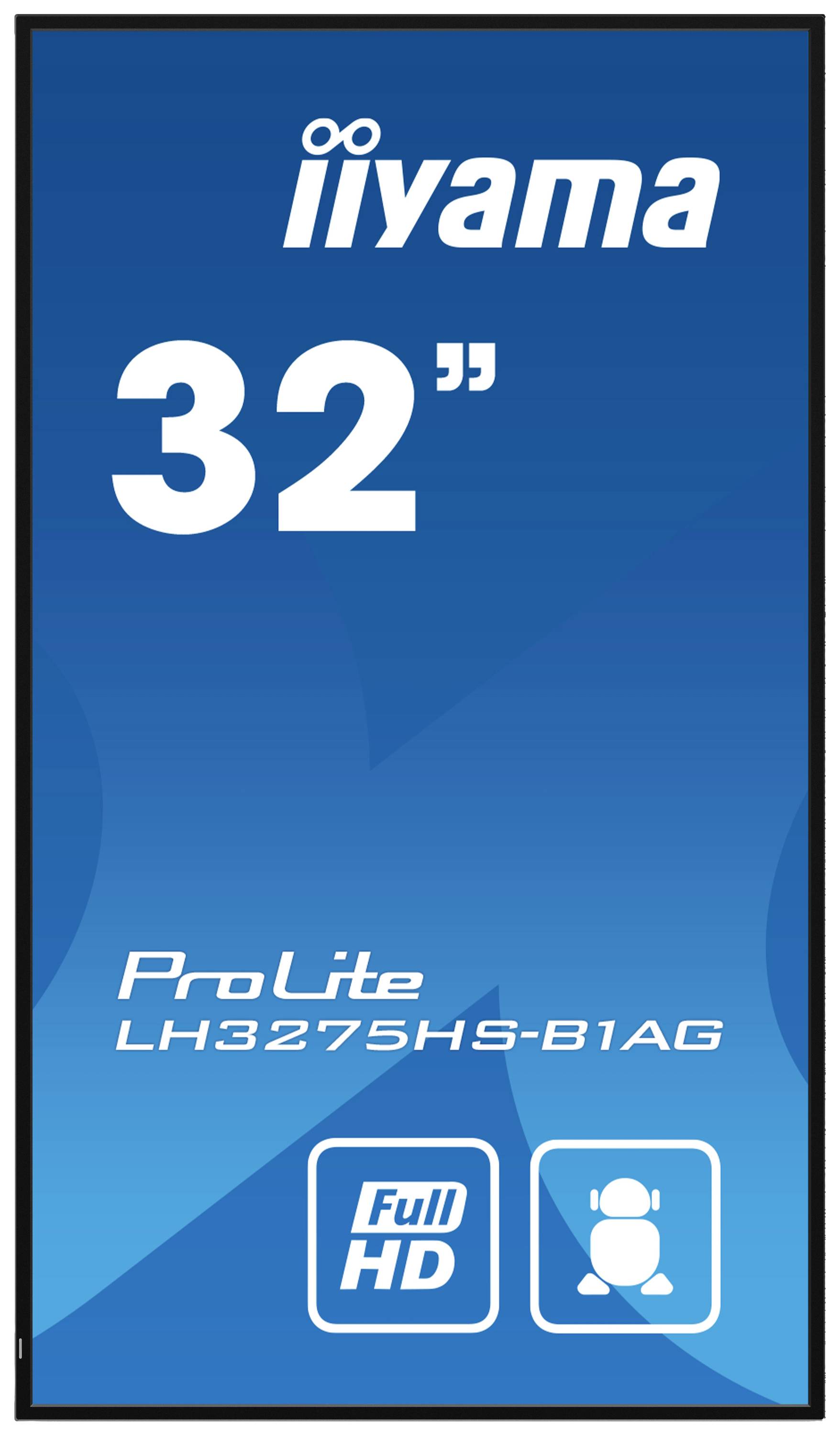 Un écran publicitaire pour un moniteur iiyama de 32 pouces, modèle ProLite LH3275HS-B1AG, avec affichage Full HD et réduction de la lumière bleue.