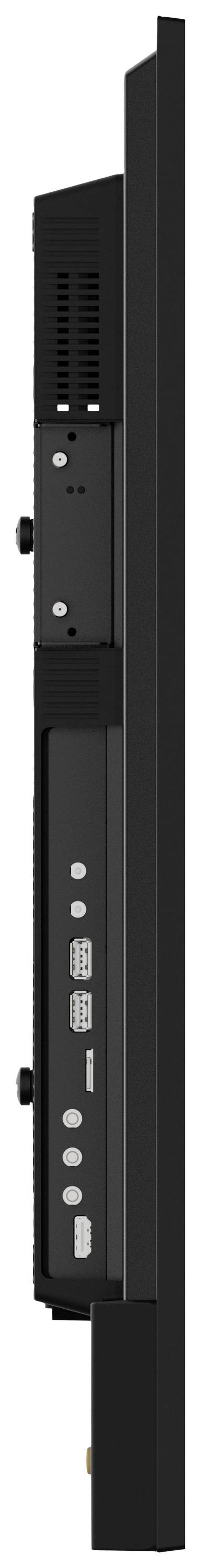 Vue latérale d'un écran noir élancé avec différents ports et fentes de ventilation visibles.