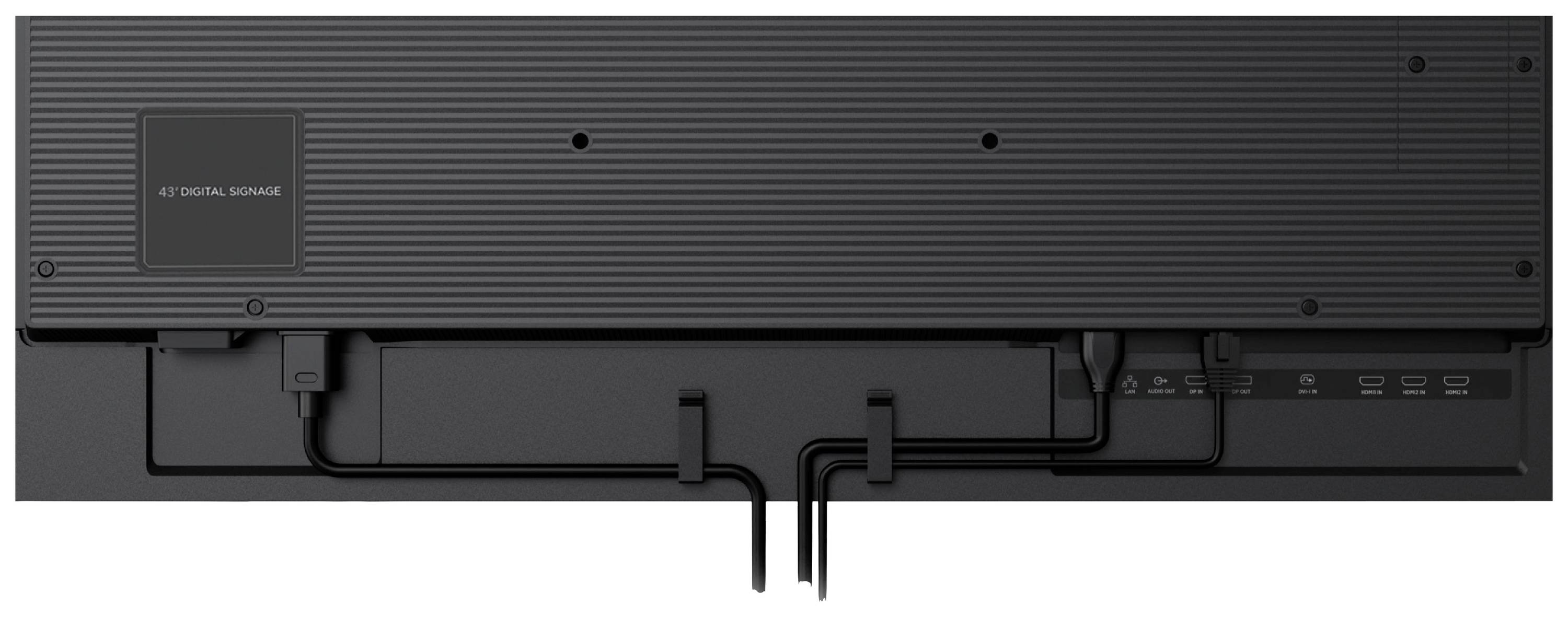Le dos d'un téléviseur présente un panneau noir structuré avec des connexions de câbles visibles et une zone rectangulaire pour le 'Signal Numérique AI'.