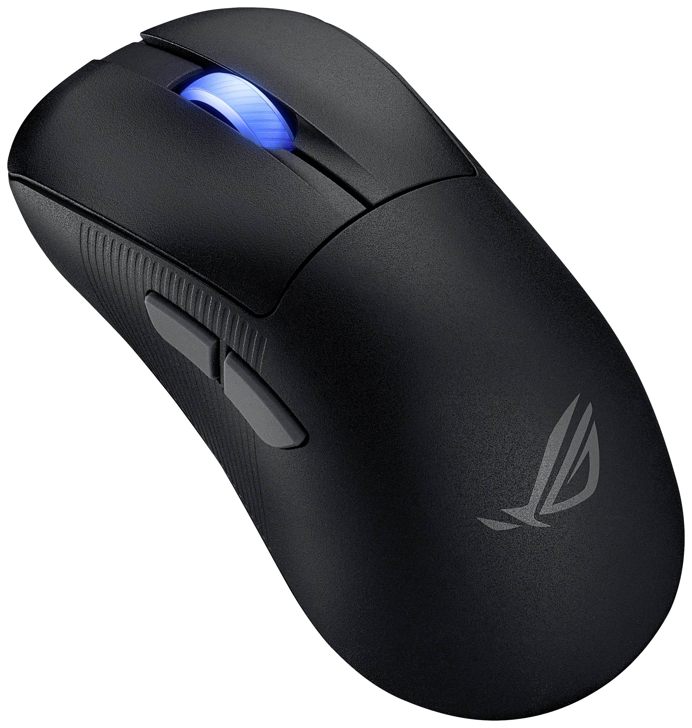 Souris de gaming sans fil noire avec molette de défilement bleue et boutons latéraux, marquée d'un logo sur sa surface.